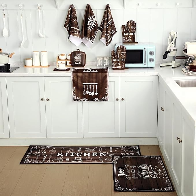 10 Pcs Farmhouse Kitchen Set, Kitchen Towels and Dishcloths Rugs Mats for Floor Oven Mitts and Pot Holders Sets Rustic Hand Towels for Home Decorations Gifts(Brown,Farmhouse)