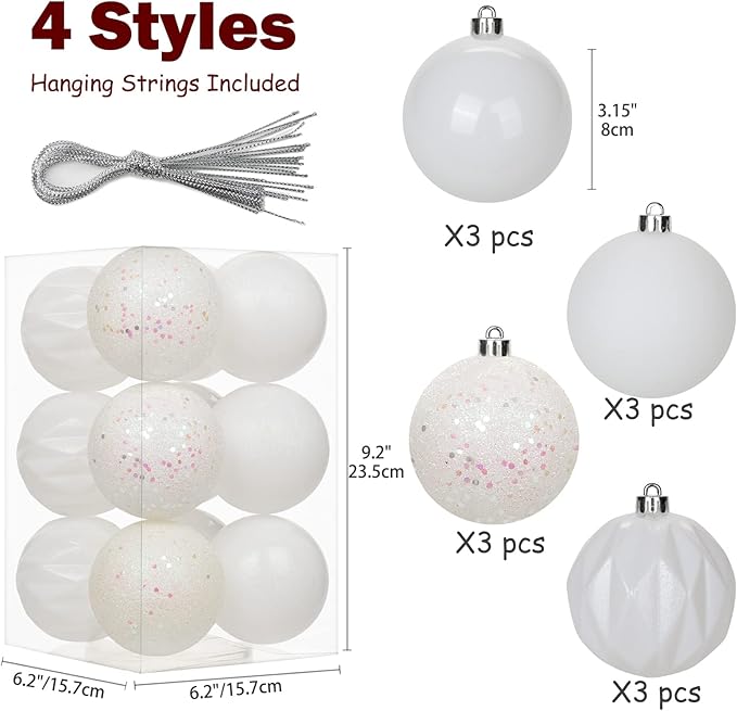 12PCS 3.15" Christmas Ball Ornaments Shatterproof Pearl White Christmas Tree Decorations Xmas Tree Balls Halloween Ornaments Décor