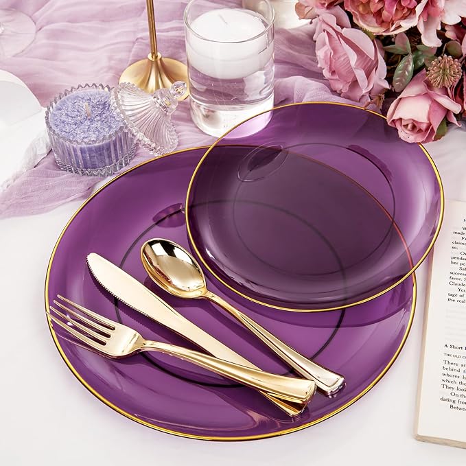 YOUBET 125PCS Purple Plastic Plates - Purple Disposable Plates With Gold Rim - Include 50 Dinner & Dessert Plate, 75 Gold Cutlery Perfect for Wedding Parties