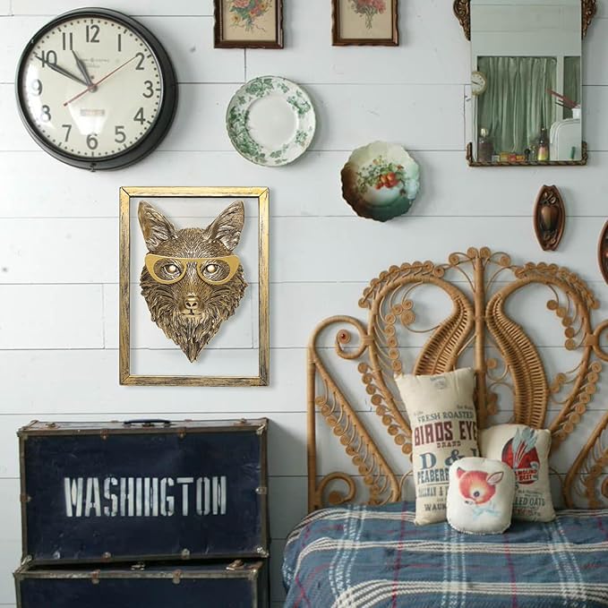 Animal Heads Wall Decor (Includes Metal Frame) Resin Animals Sculptures Head Wall Hanging Decoration Gold vintage Wall Sculpture for Living Room Bedroom Office(Fox)