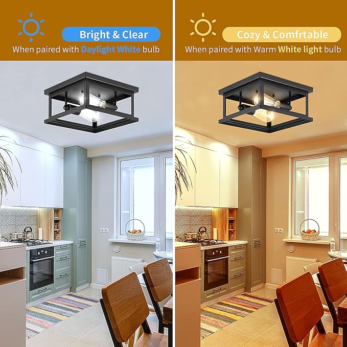 Drosbey 2-Light Flush Mount Ceiling Light Fixture, Farmhouse Light Fixtures, Industrial Vintage Ceiling Light for Kitchen, Bedroom, Hallway, Laundry