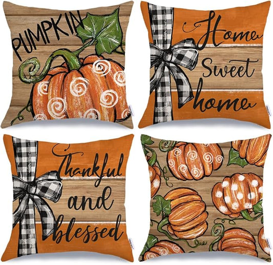 GEEORY Fall Home Sweet Home Pumpkin Throw Pillow Covers 16x16 Inch Set of 4, Thankful and Blessed Autumn Holiday Seasonal Striped Decorative Farmhouse Cushion Cases for Home Decoration G645-16