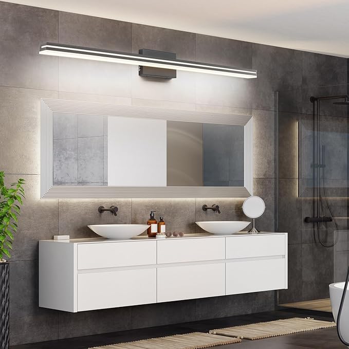 SineRise LED Modern Bathroom Vanity Light Bar (48-Inch, 3000K/4000K/6000K), Matte Black Dimmable Modern Acrylic Bathroom Wall Lighting Fixtures Over Mirror