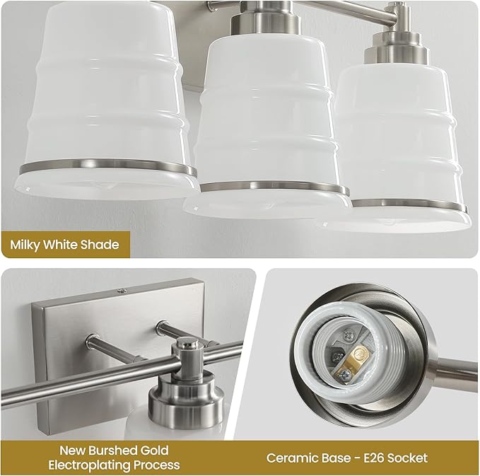 Brushed Nickel Bathroom Vanity Light Fixture, 3 Light Bathroom Light Fixtures Over Mirror with Milky Glass, Hardwired Modern Vanity Light for Bathroom(Exclude E26 Bulb)