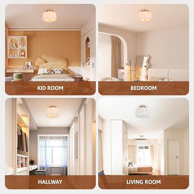 VONLUCE Semi Flush Mount Ceiling Light, 13" Ceiling Light Fixture with Flower-Shaped Fabric Shade, 3-Light Modern Light Fixture for Bedroom Living Room Nursery Hallway, White Shade & Gold Finish