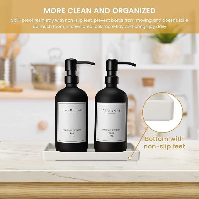 Glass Soap Dispenser for Kitchen Sink,Farmhouse Dish Soap Dispenser&Hand Soap Dispenser Set,Rustproof Pump Lotion Dispenser Bathroom with Tray,Waterproof Label for Kitchen Decor(Black
