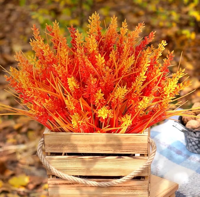 N&T NIETING 6 Bundles Artificial Fall Plants Outdoor Fake Monkey Grass with Lavenders Flowers for Pot Garden Verandah Decor for Thanksgiving Autumn Weddings Patio Hanging Planter Front Porch (Orange)
