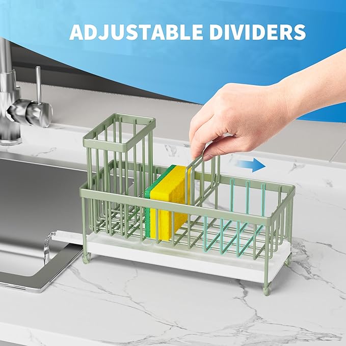 Cisily Sage Green Sponge Holder for Kitchen Sink, Sink Caddy Organizer with High Brush Holder, Kitchen Countertop Organizers and Storage Essentials, Rustproof 304 Stainless Steel, Soap Dispenser