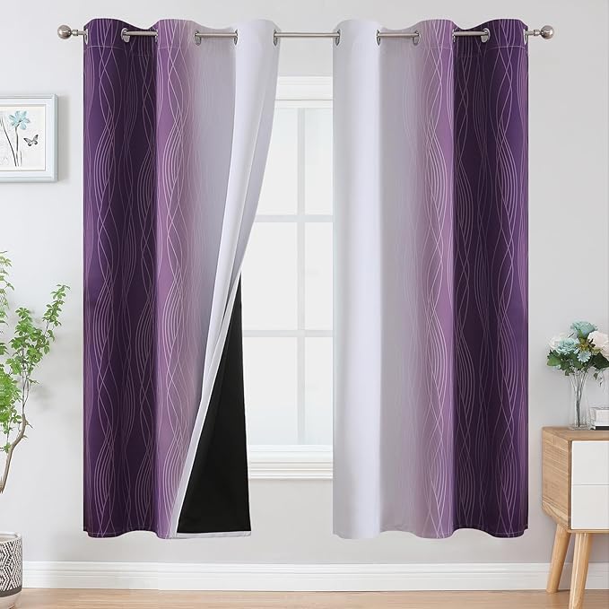 Estelar Textiler Purple and Greyish White Ombre Blackout Curtains 72 Inches Length for Bedroom, Thermal Insulated Light Blocking Grommet Gradient Blackout Drapes for Living Room, 42Wx72L, 2 Panels