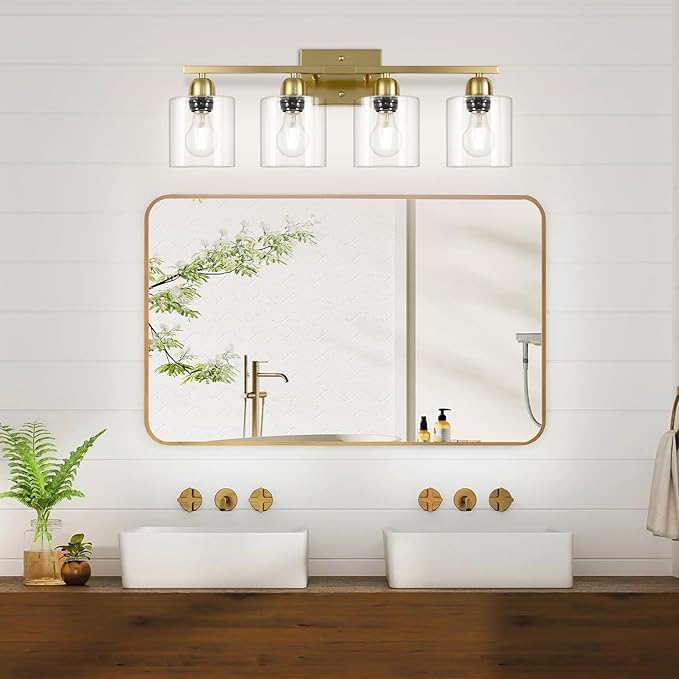 4 Light Gold Light Fixture Bathroom, Brushed Gold Vanity Light with Clear Glass, Lights for Bathroom Mirror for Mirror Living Room Bedroom Hallway E26 Base