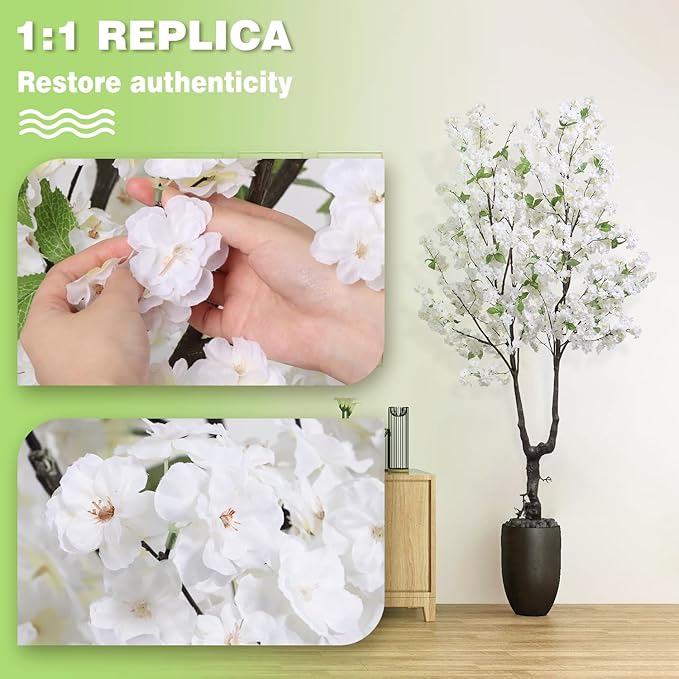 Artificial White Cherry Blossom Tree 6ft(72in) Faux Floor Green Plant for Indoor Decor Natural Potted Tree Realistic Cherry Flowers Wood Trunk for Home Living Room,Office Perfect Weeding Gift