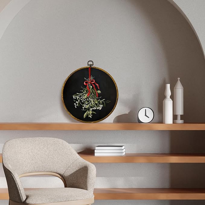 CUANFDDSF Vintage Christmas Mistletoe Round Wall Art Decor, Xmas Holiday Red Bow Mistletoe Botanical Wall Hanging Frame Decor, Elegant Christmas Canvas Prints Decorations for Home Bedroom, 10x10 Inch