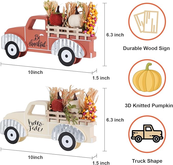 NEEDOMO Fall Decorations for Home, Large Size 2 Pack Wood Truck with Pumpkin Fall Decor, Decorative Wooden Truck Set for Room, Table, Tiered Tray, Mantel, Thanksgiving Decorations