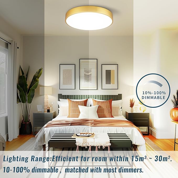 2 Pack Gold LED Ceiling Light Fixture Flush Mount 15 inch 36W, Dimmable Light Fixtures Flush Mount LED, Modern Kitchen Close to Ceiling for Bedroom, Bathroom, Living Room