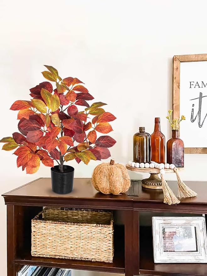 Briful 19.7" Fake Fall Tree in Black Pot, Autumn Small Artificial Beech Leaf Tree Faux Plants Indoor for Home Office Room Tabletop Mantel Thanksgiving Decor