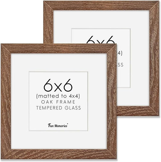 6x6 Picture Frames, Solid White Oak Wood Frame 6 x 6 with Stand for Wall & Tabletop Display, Rustic Wooden Photo Frame 6 by 6 with Real Glass, 6x6 Frame Matted to 4x4, Walnut Color, Set of 2