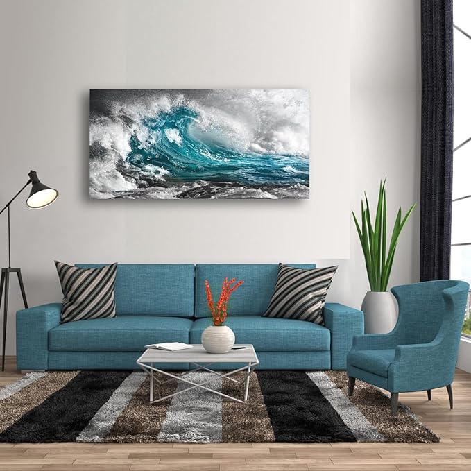 Sea Wave Pictures Canvas Wall Art For Living Room Bedroom Wall Decor,Surge Wall Art Print Paitnings for Home Decor,Morden Artwork Sea Seascape Canvas Art Waterproof Ready to Hang-24x48Inches