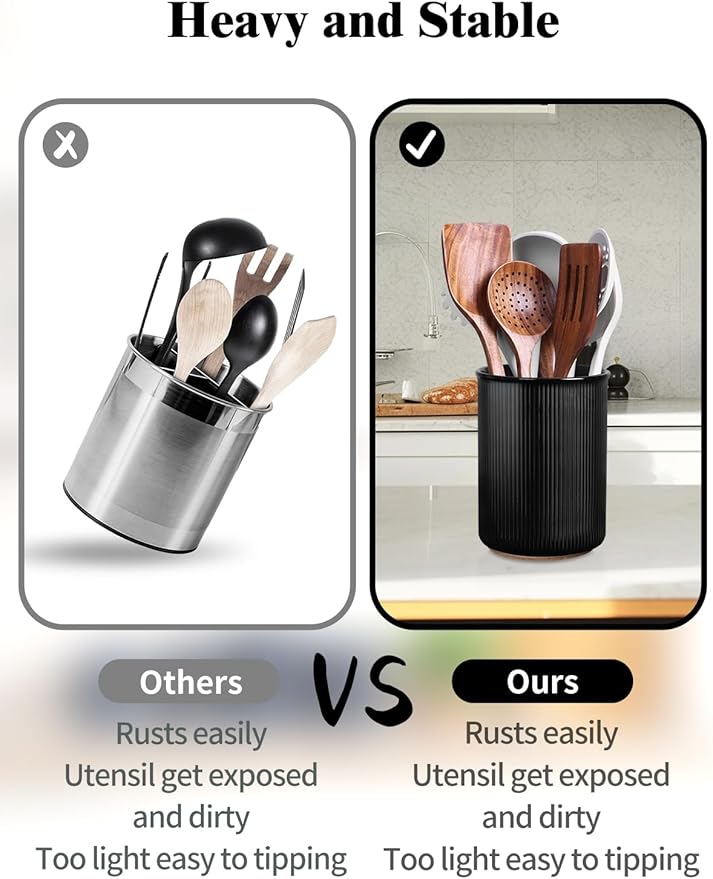 LoeJan Utensil Holder, Extra Large Utensil Crock, Stable Ceramic Utensil Organizer, Cooking Tool Organizer Set for Kitchen Counter Farmhouse Decor (F-6.7" Black)