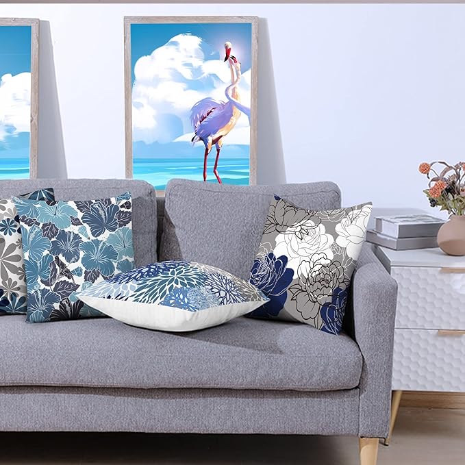 COMMINY Blue Grey Pillow Covers 20x20 Set of 6 Decorative Daisy Flower Throw Pillow Cover for Couch Modern Farmhouse Cushion Cover for Living Room Bed Patio Home Decor