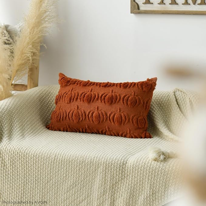 AVOIN colorlife Fall Pumpkin Caramel Throw Pillow Covers, 12 x 20 Inch Seasonal Autumn Thanksgiving Harvest Decoration Soft Plush Faux Fur Jacquard Cushion Case Decoration for Sofa Couch Set of 2