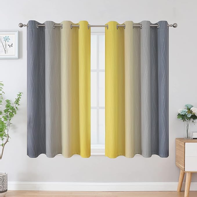 Ombre Gray and Yellow Blackout Curtains 45 Inch Length 2 panels, Full Room Darkening Curtains for Kids Room, Grommet Thermal Insulated Gradient Drapes, Light Blocking Curtains for Bedroom, 52x45 Inch