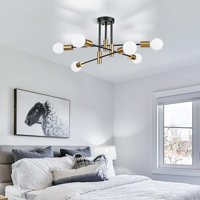 6-Light Modern Sputnik Chandeliers, Black Gold Semi Flush Mount Ceiling Light Fixture, Industrial Farmhouse Kitchen Lighting Fixtures Ceiling Mount for Living Room Bedroom