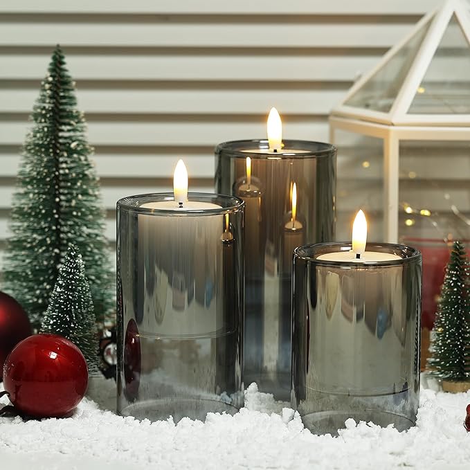 NURADA Flameless Candles with Remote Timer - Glass Real Wax 3D Wick LED Pillar Votive Candle Set Battery Operated Flickering Light for Home Christmas Decoration -Grey 3 Pack