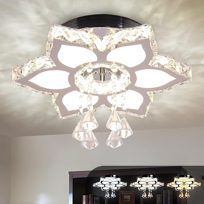 FRIXCHUR 13.4" Crystal Chandelier Crystal Ceiling Light Modern LED Flush Mount Chandeliers Light Fixture Flower Shape Ceiling Lamp for Bedrooms Living Dining Room 2700K/4000K/6500K Changeable Color