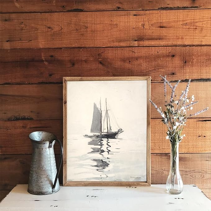 uniro Vintage Coastal Sailboat Wall Art Prints, Neutral Nautical Wall Decor Lake Sea Wall Painting Canvas Prints, Antique Boat Drawing for Coastal Decor, Vintage Nautical Painting Picture Artwork for Bedroom Bathroom Living Room decor ( 8" x 10"-UNFRAMED)