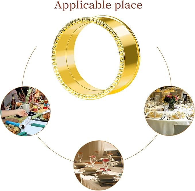 12 Pcs Stainless Steel Bead Side Napkin Rings Delicate Serviette Buckles (Gold)