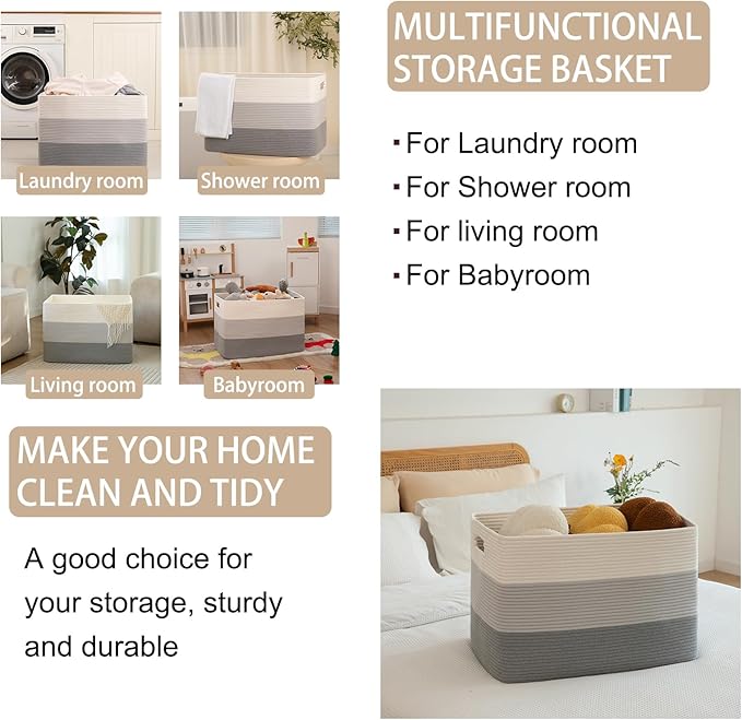 OIAHOMY 108L Large Cotton Rope Basket, Rectangle Woven Baskets for Storage, Nursery Blanket Storage Living Room, Toy Basket With Handle-25”x16”x16”-Gradient Grey