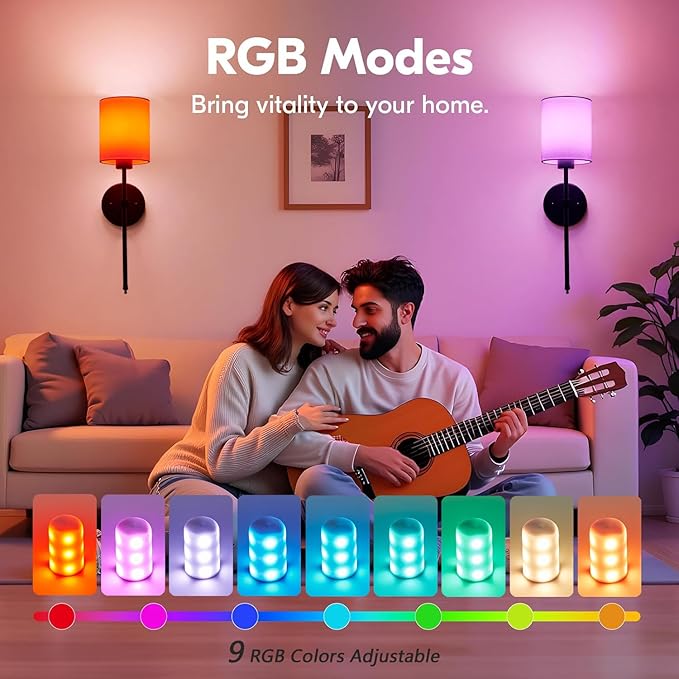 Battery Operated Wall Sconce Set of 2, Black Cordless Rechargeable Wall Sconces with Dimmable LED Bulb and Remote, 13 Colors Wall Lights for Bedroom Living Room Hallway