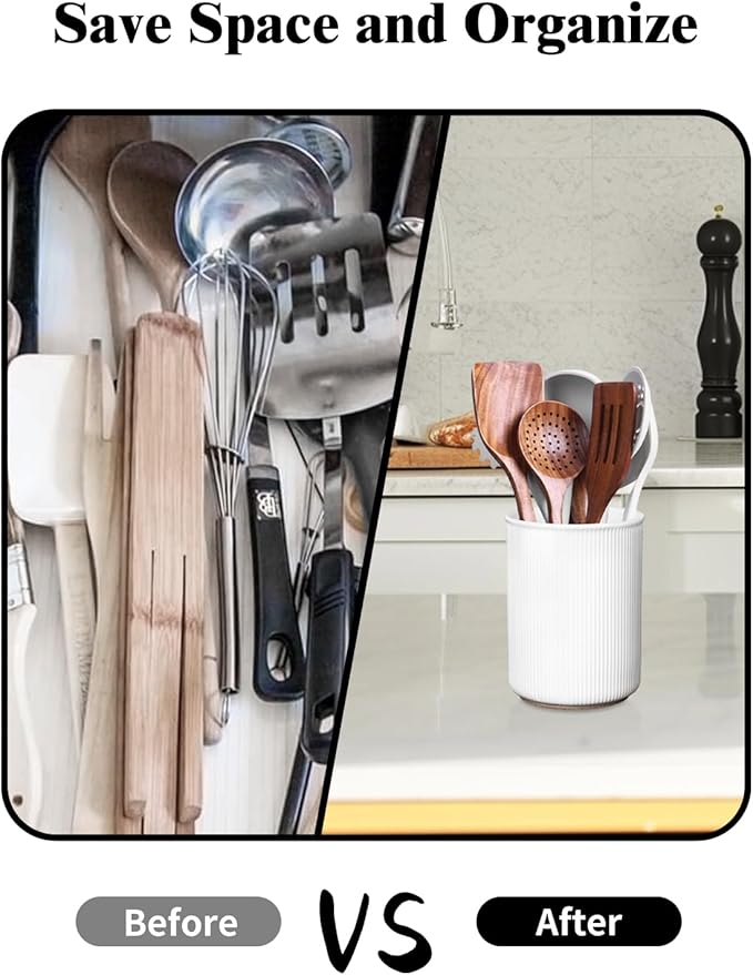 LoeJan Utensil Holder, Extra Large Utensil Crock, Stable Ceramic Utensil Organizer, Cooking Tool Organizer Set for Kitchen Counter Farmhouse Decor (E-6.7" White)