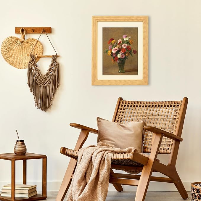 Brivoria Framed Canvas Wall Art Vintage Decor, Classical Floral Art Print with Mat Showing Colorful Zinnias in Vase and Warm Tones for Hallway Dining Room or Seasonal Autumn Wall Decoration, 13"x16"