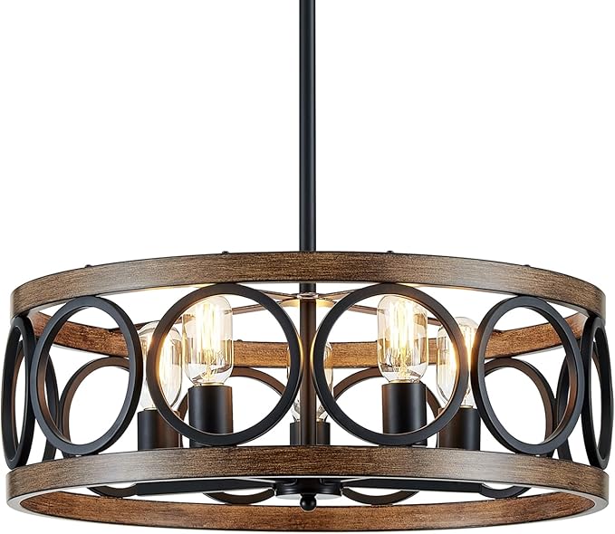XINGQI Dining Room Chandelier 5-Light Black Modern Chandelier 21.7'' Farmhouse Drum Pendant Light Fixture for Living Room Kitchen Island Bedroom Office with Wood Grain Finish