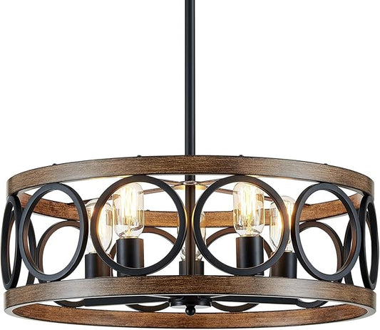 XINGQI Dining Room Chandelier 5-Light Black Modern Chandelier 21.7'' Farmhouse Drum Pendant Light Fixture for Living Room Kitchen Island Bedroom Office with Wood Grain Finish