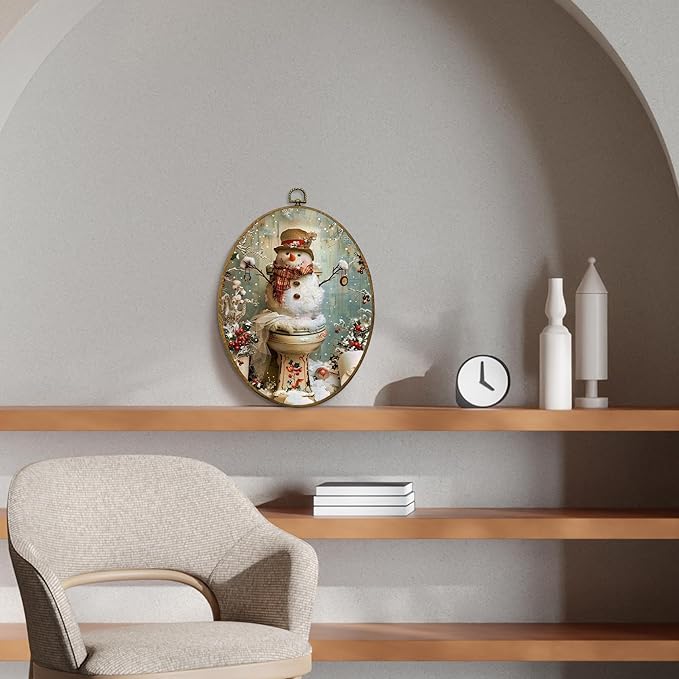 CUANFDDSF Vintage Christmas Snowman Bathroom Oval Wall Art Decor, Funny Winter Xmas Snowman on Toilet Wall Hanging Decor, Christmas Framed Canvas Prints for Bathroom Toilet Washroom, 8.6x11.4 Inch