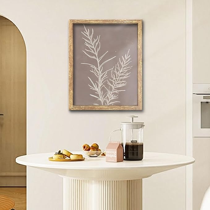 GUMEYJIA Botanical Wall Art Print White Leaves on Brown Background Rustic Frame Modern Farmhouse Home Decor Kitchen Wall Signs (Frame 8x10in)