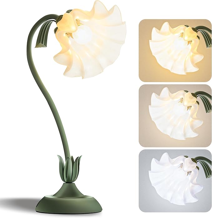 Flower Table Lamp Bedside Lamps LED Reading Light,3 Color Modes Cute Small Lamp,Vintage Flower Lamp Nightstand Lamp Kawaii Table Lamp for Bedroom Living Room Office Dorm Desk Home Decor(Green lamp)