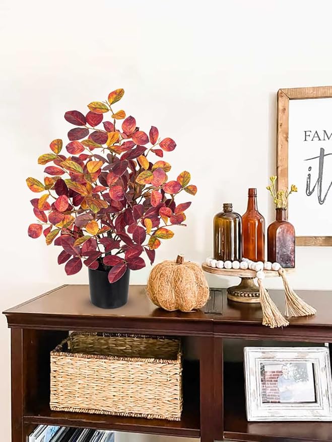 Briful 18.5" Fake Fall Eucalyptus Tree in Black Pot, Autumn Small Artificial Tree with Realistic Red Orange Leaves Faux Plants Indoor for Home Office Room Tabletop Mantel Thanksgiving Decor