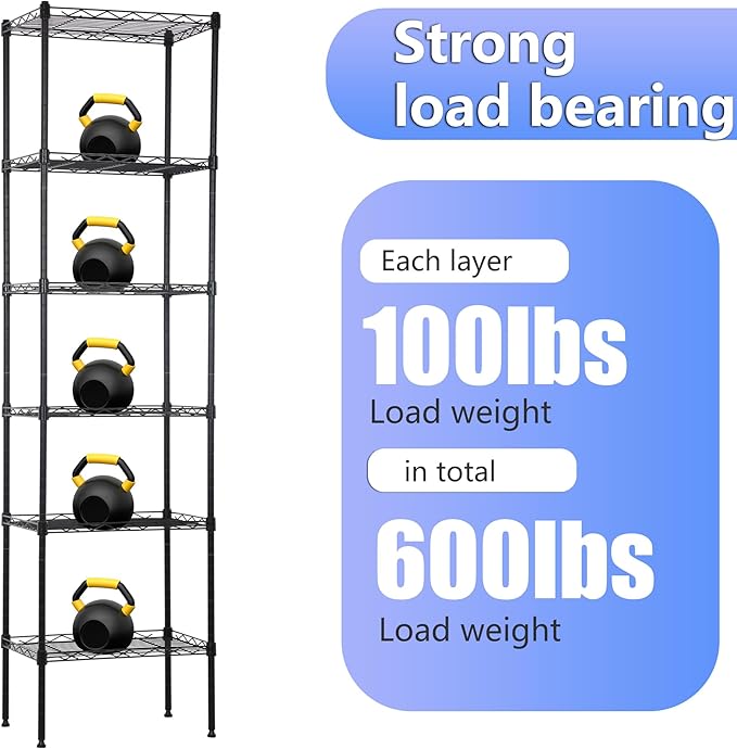 BestOffice | 6-Tier Wire Storage Shelves | 17x12x64 | Black | with Adjustable Racks | Heavy-Duty Metal Shelf, Holds Upto 600 lbs | No-Tool Assembly | Ideal for Home & Garage Shelving