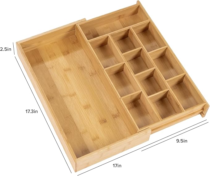 Tea Bag and Coffee Pod Kitchen Drawer Organizer, Expandable 9.7 to 17 Inches, 10 Accessory Compartments with Adjustable Wall Inserts, Non-Slip Rubber Feet, 100% Sustainable Bamboo Wood