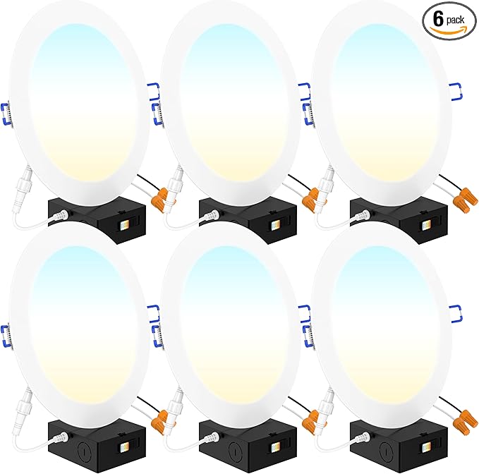 Sunco 6 Pack 8 Inch Ultra Thin LED Recessed Canless Smooth Trim Wafer Thin Indoor Ceiling Lights Slim Selectable 2700K/3000K/4000K/5000K/6000K Dimmable 18W 1350 Lumens with Junction Box