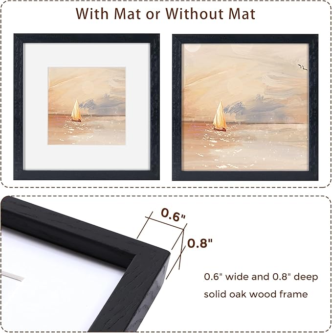12x12 Picture Frame in Black, Square 12 x 12 Frame Set of 3, Natural Oak Wood Frame 12 by 12, 12x12 Frame with Mat of 8x8, 12"x12" Wood Frame with Tempered Glass, Wall Collage Frame 12 by 12