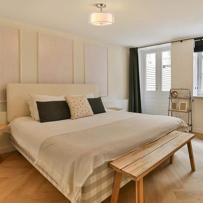 VONLUCE Semi Flush Mount Ceiling Light, 13'' Ceiling Light Fixture with 2-Layer Fabric Shade, 3-Light Modern Drum Light Fixture for Bedroom Living Room Entryway Hallway, White Shade & Nickel Finish