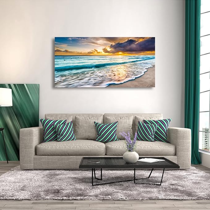 Beach Canvas Wall Art Seascape Theme Pictures Home Decor Blue Ocean White Wave Sunset Prints Paintings for Living Room Bathroom Bedroom Kitchen Office Decorations Natural Landscape Artwork 24x48inches