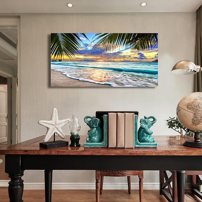 Beach Canvas Wall Art Seascape Theme Pictures Home Decor Blue Ocean White Wave Palm Tree Prints Paintings for Living Room Bathroom Bedroom Kitchen Office Decoration Natural Scenery Artwork 20x40inches