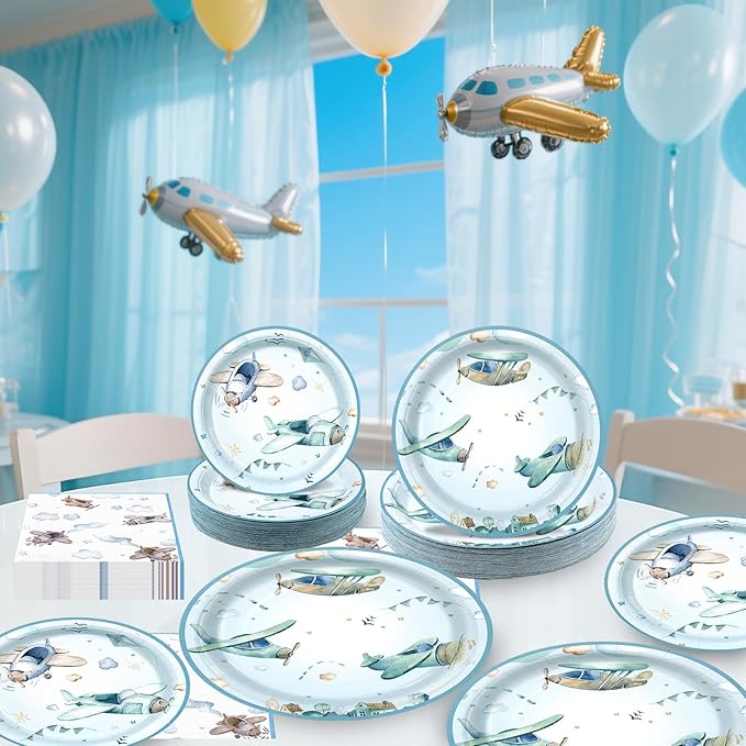 180Pcs Airplane Baby Shower Party Supplies Paper Plates and Napkins Serve 60 Disposable Tableware Set for Birthday Party Decorations Game Day Family School Holiday Sports Events