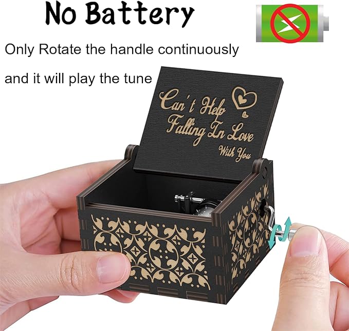"Can't Help Falling in Lov"Hand Crank Music Box Vintage Wood Engraved Musical Gift for Her/Him, Romantic Love Valentine's Day, Anniversary, Birthday Present for Wife, Husband, Girlfriend, Boyfriend