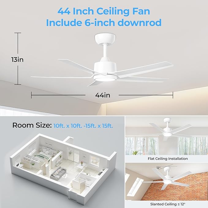 ocioc 44 Inch Ceiling Fans with Lights and Remote,Reversible Quiet DC Motor,Dimmable,Stepless Color Temperatures,Modern White Ceiling Fan for Bedroom,Living Room,Dining Room
